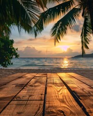 empty wooden table on tropical beach