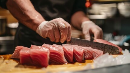 A sushi chef carefully slicing a whole tuna fish into sashimi-grade portions, showcasing the precise technique required for preparing high-quality seafood