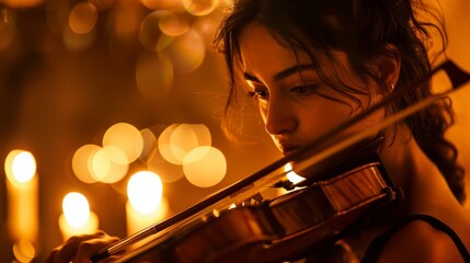 A young woman playing the violin in a candlelit room close up.