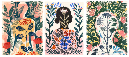 Woman floral background illustration set