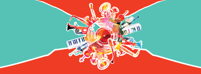 Contemporary art collage. Music background with colorful music instruments and vinyl record disc vector illustration. Concept of music festivals, concert and parties.