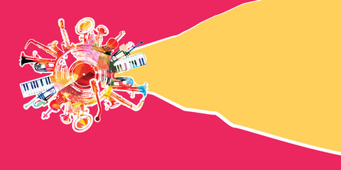 Contemporary art collage. Music background with colorful music instruments and vinyl record disc vector illustration. Concept of music festivals, concert and parties.