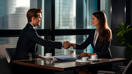 Female and male business partners meet in modern office, shake hands. Businesspeople came to discuss real estate purchase and marketing project.