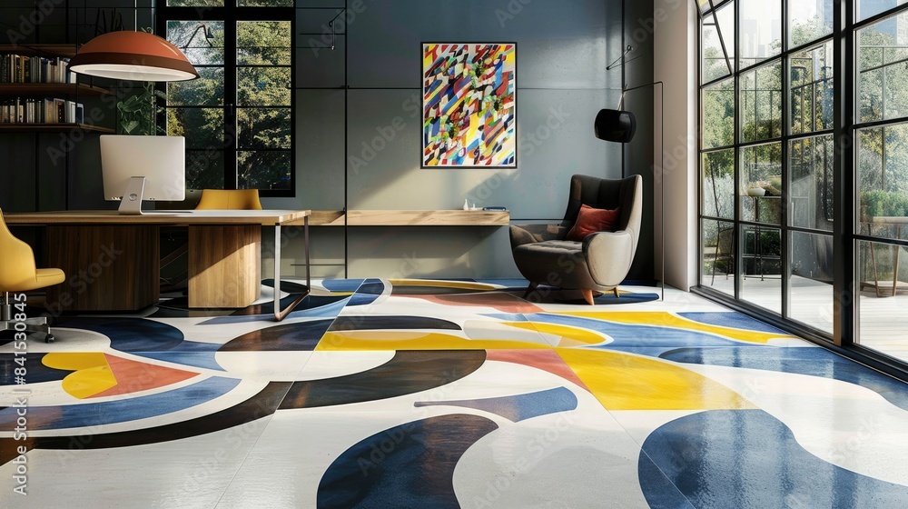 Poster artistic floor tiles with a bold, abstract pattern in a creative workspace