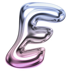 Letter E png holographic fluid chrome font, transparent background