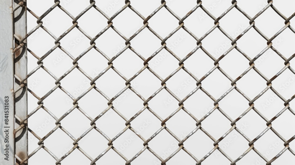 Poster a close-up shot of a chain link fence with rusty links and a worn-out texture