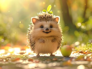 Adorable cartoon hedgehog with a tiny apple on its back, soft colors and sweet expression, cute and lovable