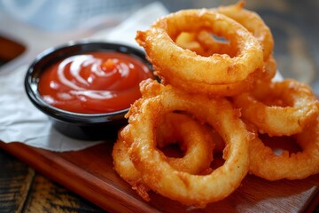 Close-up of delicious golden onion rings served with ketchup on a wooden board