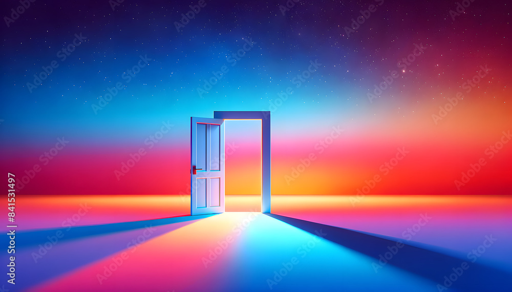 Poster a simple open door in an empty, serene landscape with a gradient sky blending from day to night.