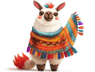 Cute cartoon llama with a colorful blanket, smiling face and friendly pose, cheerful and whimsical