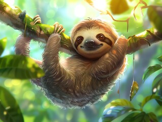 Cute cartoon sloth hanging from a tree branch, slow and smiling, relaxed and lovable