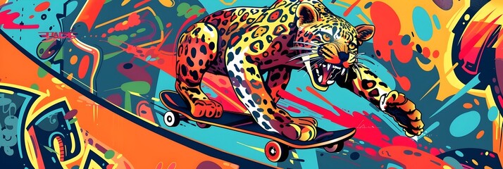 Obraz premium Anthropomorphic Punk Leopard Skateboarding in Vibrant Urban Skate Park Mural