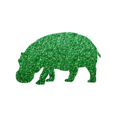 Modern Hippopotamus Silhouette with Vibrant Green Hexagon Glitter Texture, Transparent Background