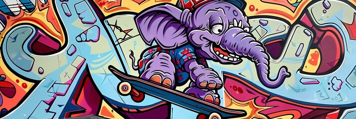 Obraz premium Anthropomorphic Punk Rock Elephant Skateboarding in Vibrant Skate Park Scene