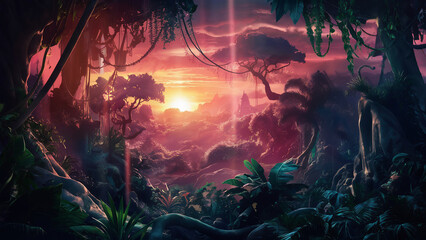 A stunning 3D render illustration of a lush jungle during a vibrant sunset.