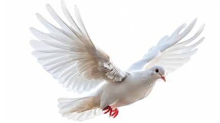 Obraz premium Beautiful white dove ascending against a pure white sky, emblem of peace and harmony