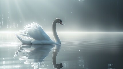 Graceful swan gliding on a serene lake, detailed feathers and calm water, elegant and peaceful