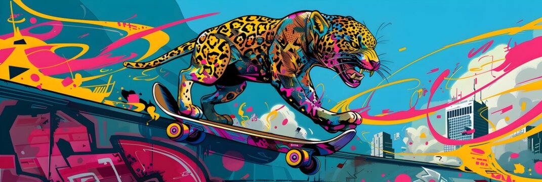 Anthropomorphic Punk Rock Jaguar Skateboarding in Vibrant Urban Skate Park Landscape