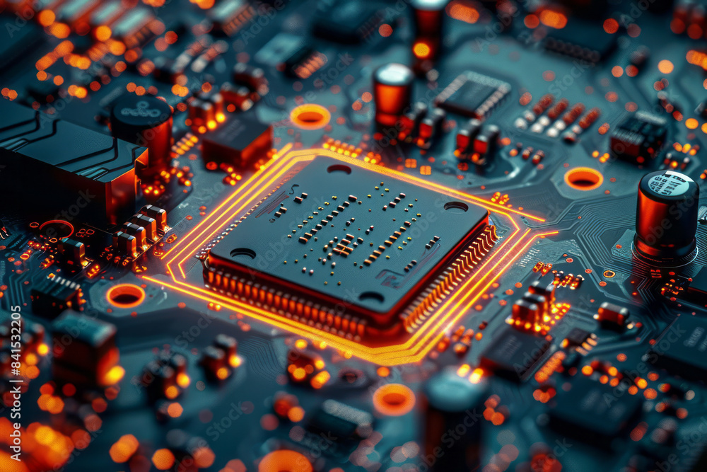 Poster Highly detailed CPU microchip with intricate circuitry and precision engineering,