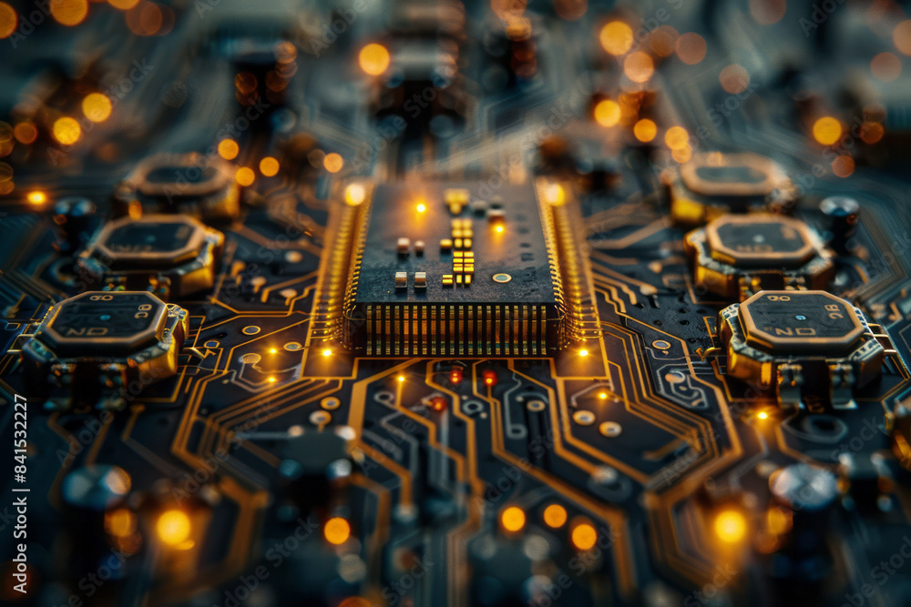 Poster High-resolution image of a CPU microchip with a focus on the intricate patterns and connections,