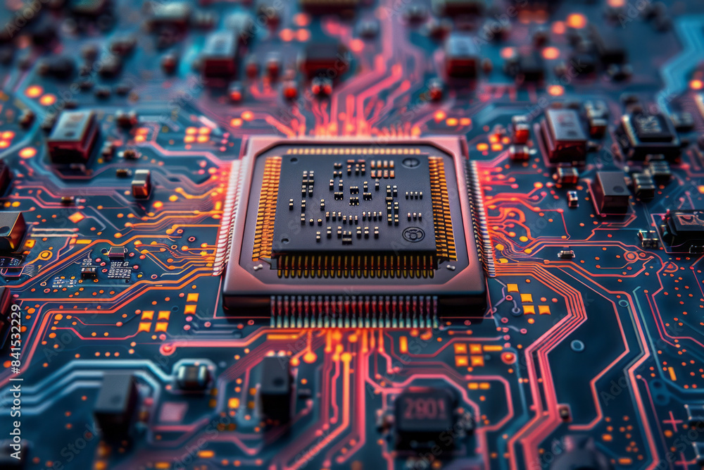 Aufkleber High-resolution image of a CPU microchip with a focus on the intricate patterns and connections,