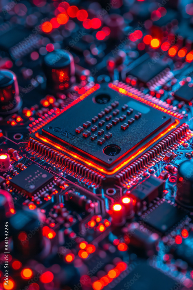 Poster Detailed visual of a microprocessor chip displaying the fine details of its architecture,