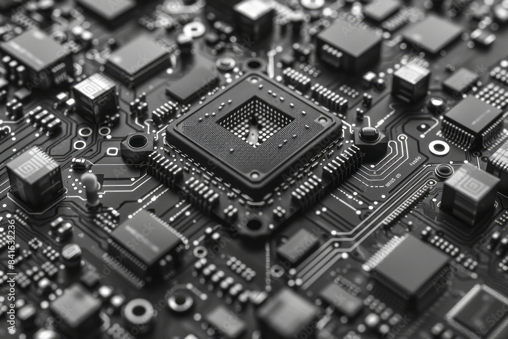 Poster Detailed depiction of a microchip's internal circuitry and connections.
