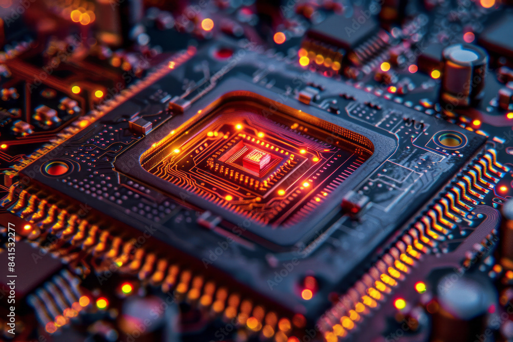 Poster Close-up of a modern microchip, showing detailed transistor and circuit patterns,