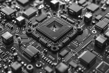 Fototapeta premium Detailed depiction of a microchip's internal circuitry and connections.