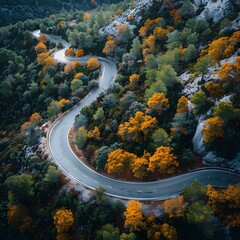 Obraz premium Aerial view of a winding mountain road during autumn with colorful foliage
