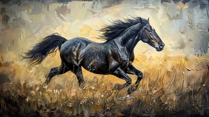 Majestic horse galloping through a field, detailed mane and powerful stride, strong and free