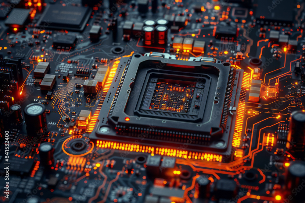Poster Modern CPU microchip with a focus on detailed and complex circuitry,