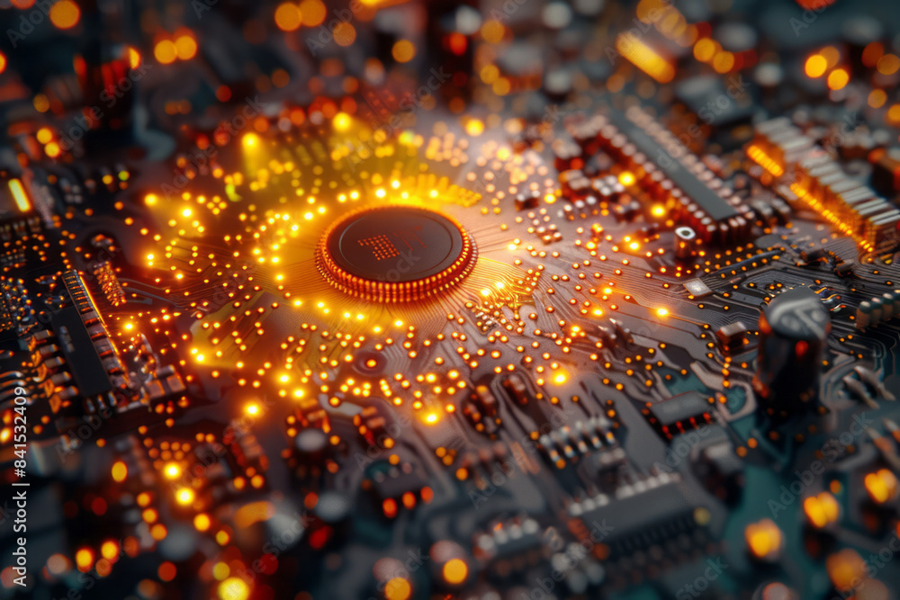 Poster High-resolution close-up of a modern CPU microchip with intricate details,