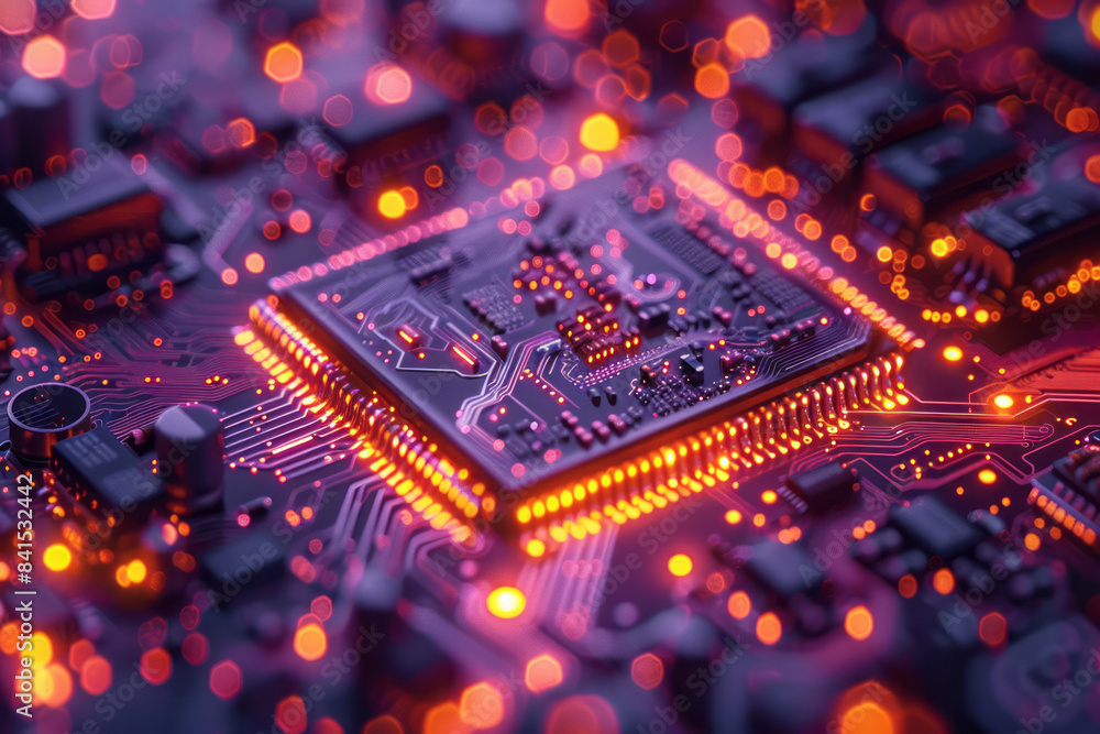Fototapete Detailed view of a microprocessor chip highlighting its complex architecture,