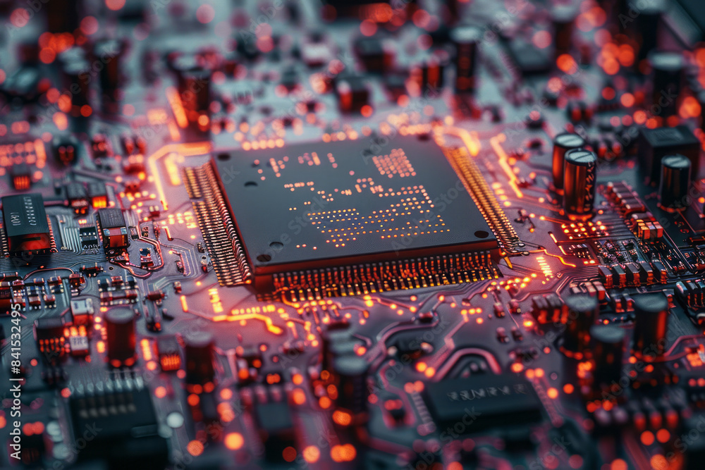 Poster Close-up of a microprocessor chip with detailed and precise circuitry,