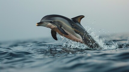 Obraz premium Playful dolphin jumping out of the ocean, sleek body and sparkling water, energetic and joyful