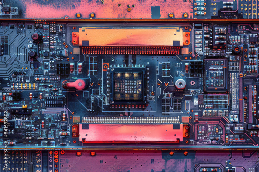 Poster Detailed and complex view of a modern CPU microchip with high precision,