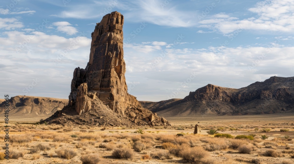 Poster the silent majesty of a towering rock formation with its smooth dark varnish surface standing strong