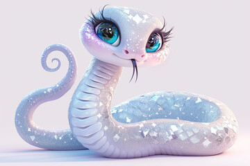 Fototapeta premium 2025 A cartoon snake with a crown of crystals on its head. The snake is sitting on a white background