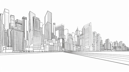 black and White Cityscape Illustration, Minimalist Skyscraper Art