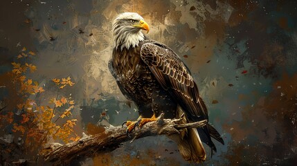 Fototapeta premium Realistic eagle perched on a tree branch, detailed feathers and sharp eyes, proud and strong