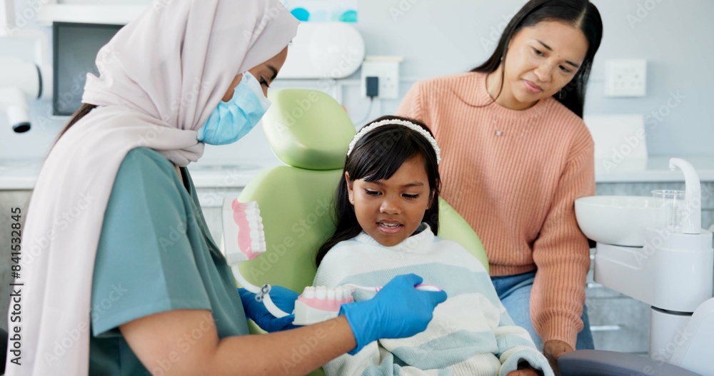 Canvas Prints Child, pediatric dentist or education of brushing teeth in surgery or family friendly demonstration of tooth hygiene. Girl, parent or orthodontist with dental model to brush or lesson on mouth care