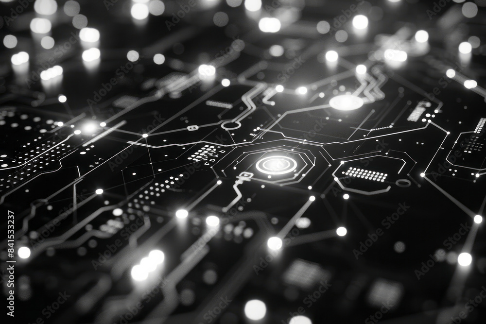 Poster Digital schematic design with nodes and connections forming a complex network,