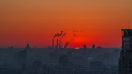 Residential buildings, Stalin skyscrapers and panorama of city at sunrise timelapse in Moscow, Russia