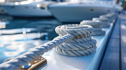 Obraz premium Close up of a mooring rope with a knotted end tied around a cleat on a wooden pier. Nautical mooring rope. Ropes and boat fenders on the dock, indicating the main components used to secure the boat.