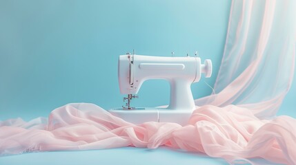 White sewing machine on a light blue background with cloth fabric in pastel colors. A set of items for needlework. Hand made concept.