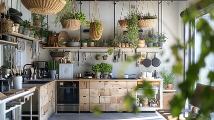 Stylish open-plan kitchen featuring hanging baskets and potted herbs, infusing the space with natural beauty