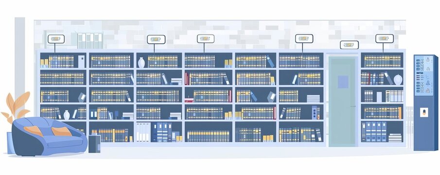 A library with RFIDtagged books and security sensors, Modern, Soft tones, Illustration, Resource protection