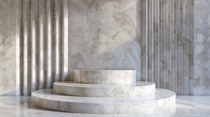 Empty marble podium for product display on marble background. Realistic empty pedestal mockup for cosmetics advertising. Minimal beauty scene.