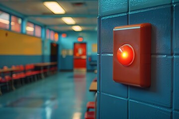 An emergency lockdown button in a school classroom, Secure, Cool tones, Digital painting, Immediate safety measures